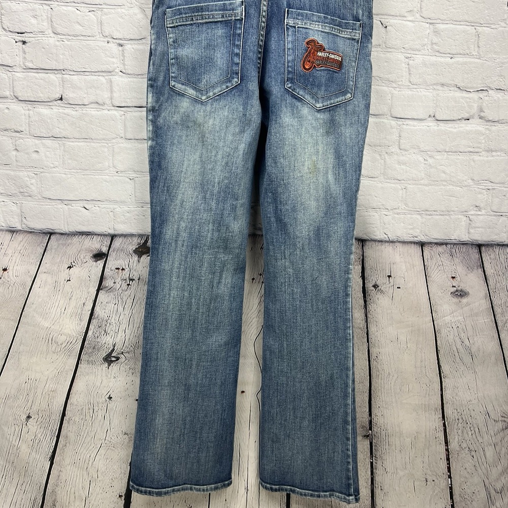 Harley Davidson Overalls Y2K Flare Leg Women's Sz 6 Patches Faded Logo Authentic - Picture 8 of 16